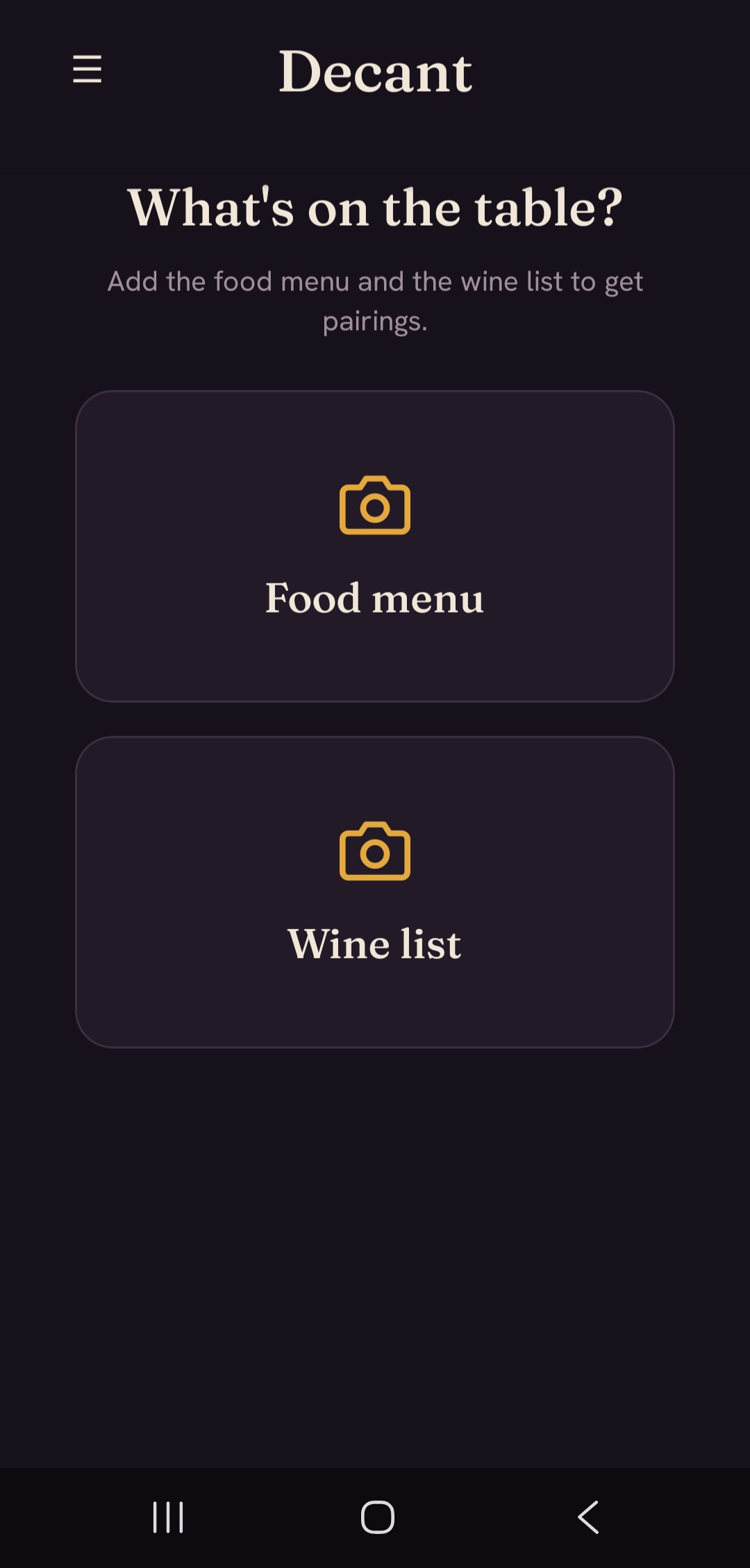 Decant app showing wine pairing recommendations for a scanned restaurant menu